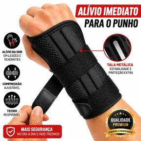 munhequeira-ortopedica-para-tunel-do-carpo-e-tendinite-carpomax-preta-vestida-na-mao-com-icones-de-beneficios