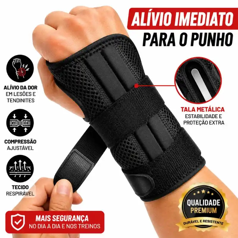 munhequeira-ortopedica-para-tunel-do-carpo-e-tendinite-carpomax-preta-vestida-na-mao-com-icones-de-beneficios