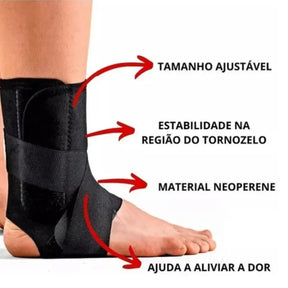 infografico-da-tornozeleira-com-setas-vermelhas-indicando-tamanho-ajustavel-estabilidade-e-material-neoprene